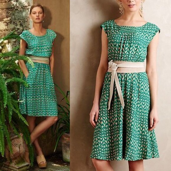 Maeve Dresses & Skirts - Maeve Anthropologie Evaline Smocked Waist Dress L Green Pink Geometric Retro$138